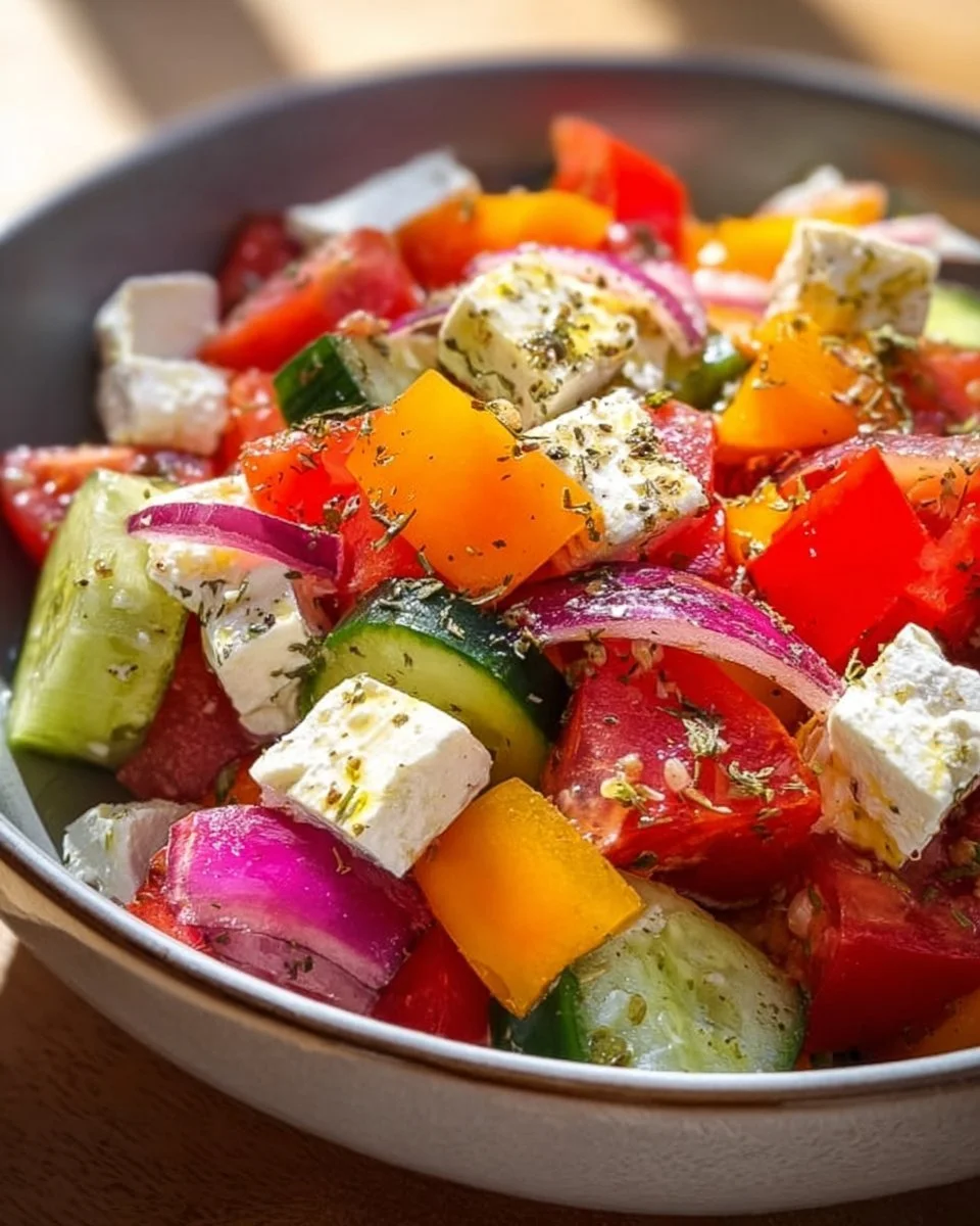 Griechischer Bauernsalat mit frischen Zutaten und Olivenöl