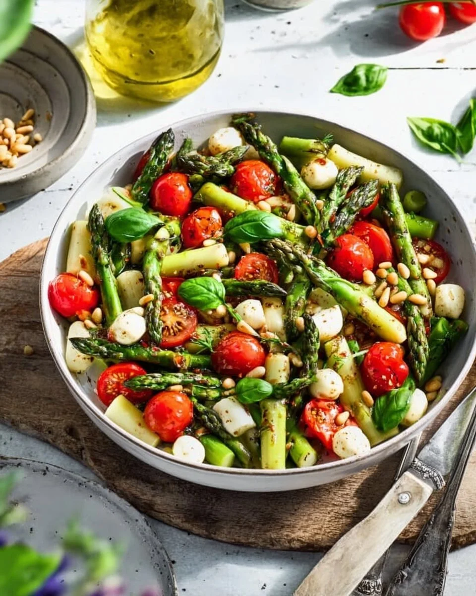 Grüner Spargel Salat mit Tomaten und Mozzarella auf einem schönen Teller