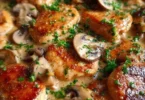 Hähnchen-Pilzpfanne mit frisch geschnittenen Pilzen und Gewürzen