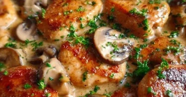 Hähnchen-Pilzpfanne mit frisch geschnittenen Pilzen und Gewürzen