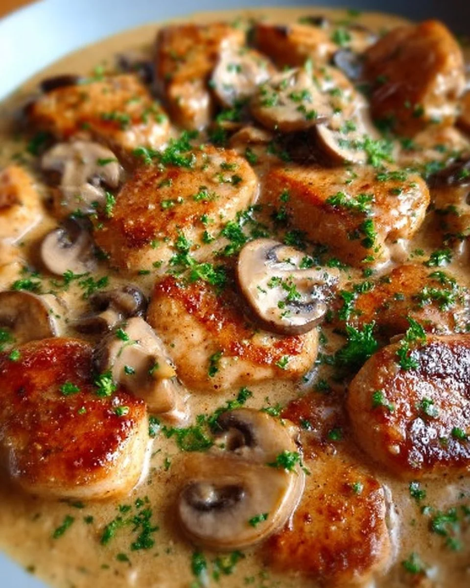Hähnchen-Pilzpfanne mit frisch geschnittenen Pilzen und Gewürzen