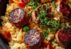 Herzhafte Wurst-Reis-Pfanne aus Reis, Wurst und frischem Gemüse