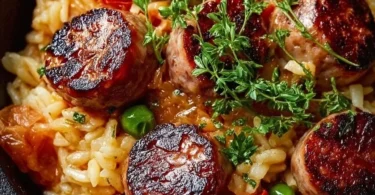 Herzhafte Wurst-Reis-Pfanne aus Reis, Wurst und frischem Gemüse