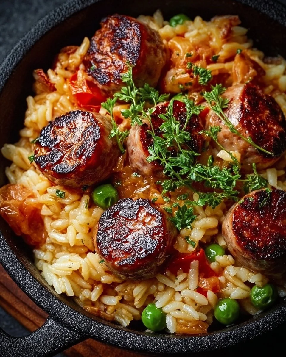 Herzhafte Wurst-Reis-Pfanne aus Reis, Wurst und frischem Gemüse