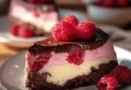 Himbeer-Brownie-Cheesecake mit saftigen Brownies und cremigem Käsekuchen.