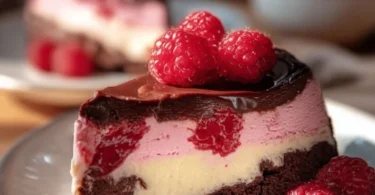 Himbeer-Brownie-Cheesecake mit saftigen Brownies und cremigem Käsekuchen.