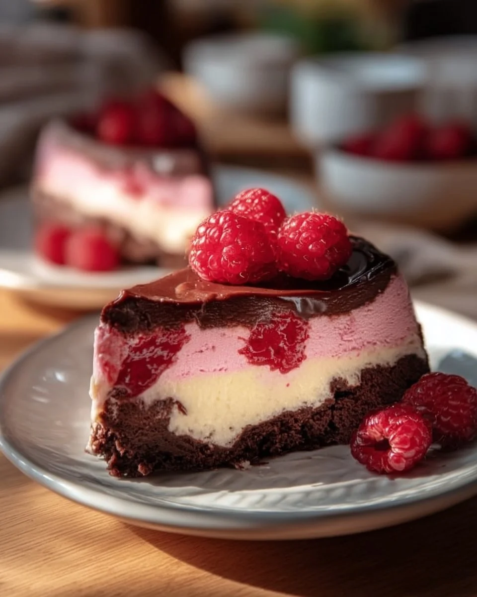 Himbeer-Brownie-Cheesecake mit saftigen Brownies und cremigem Käsekuchen.