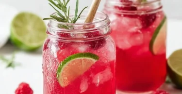 Erfrischende Himbeer-Limonade mit Rosmarin und Limette im Glas