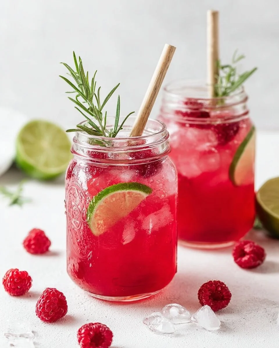 Erfrischende Himbeer-Limonade mit Rosmarin und Limette im Glas