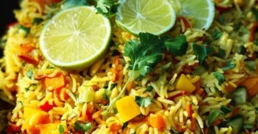 Indisch gewürzter Reis Salat mit Mango in einer bunten Schüssel