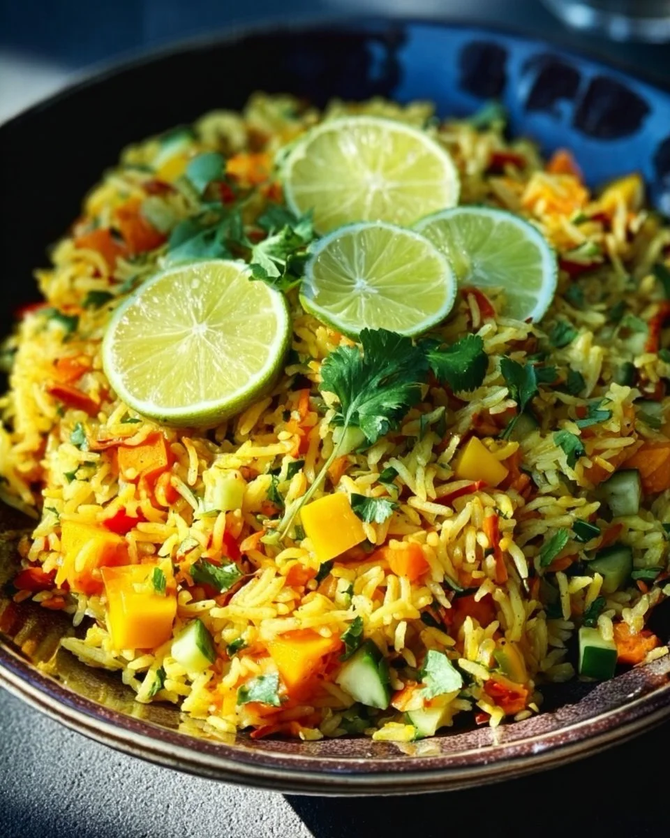 Indisch gewürzter Reis Salat mit Mango in einer bunten Schüssel