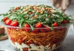 Italienischer Spaghetti-Schichtsalat mit frischen Zutaten in Schichten angerichtet
