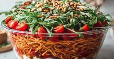 Italienischer Spaghetti-Schichtsalat mit frischen Zutaten in Schichten angerichtet