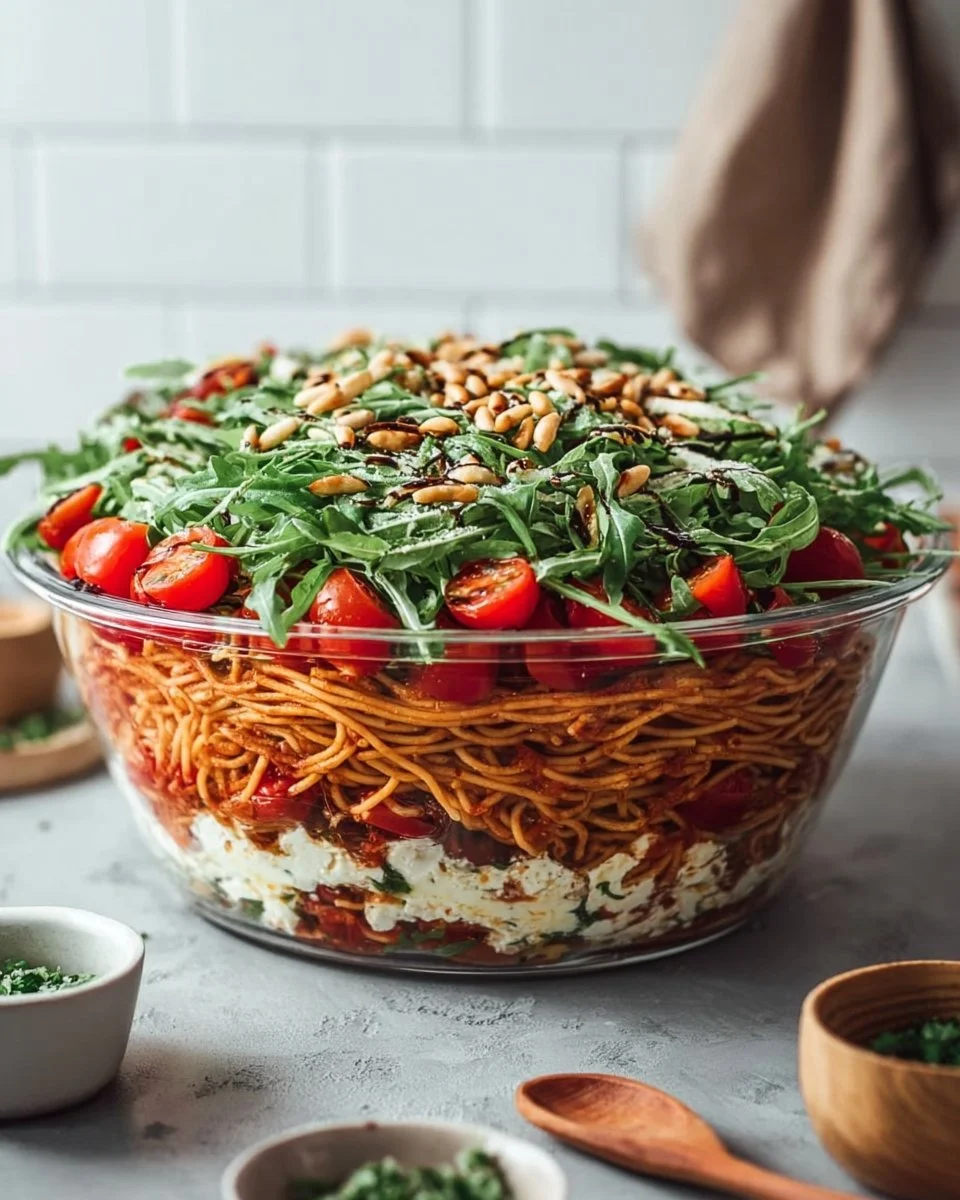 Italienischer Spaghetti-Schichtsalat mit frischen Zutaten in Schichten angerichtet