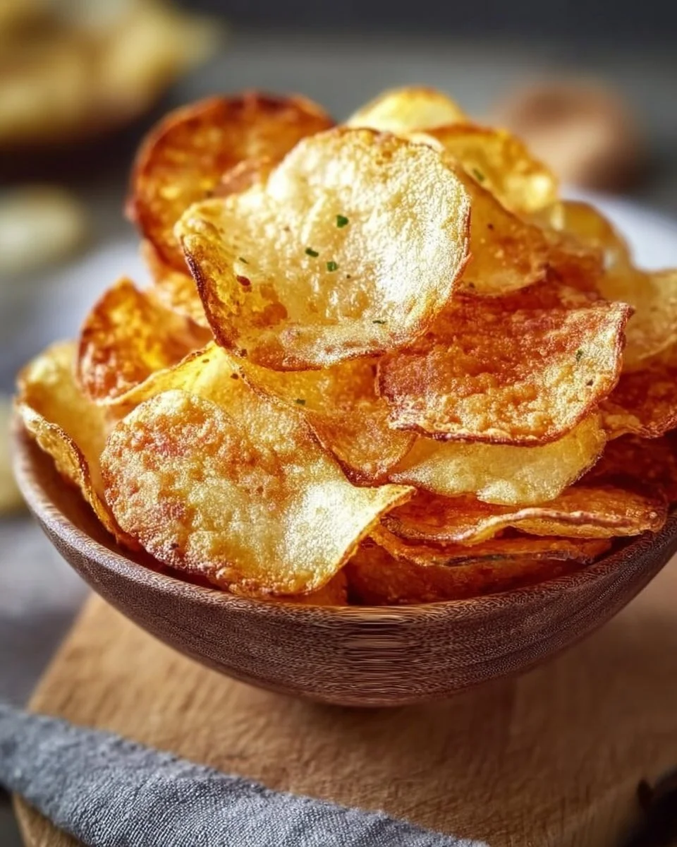 Köstliche Kartoffelchips aus der Heißluftfritteuse, frisch und knusprig zubereitet.