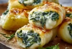 Kartoffeltaschen gefüllt mit Spinat und Frischkäse auf einem Teller