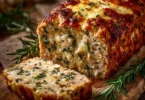 Köstlicher Knoblauch Parmesan Hähnchen Hackbraten auf einem Teller serviert