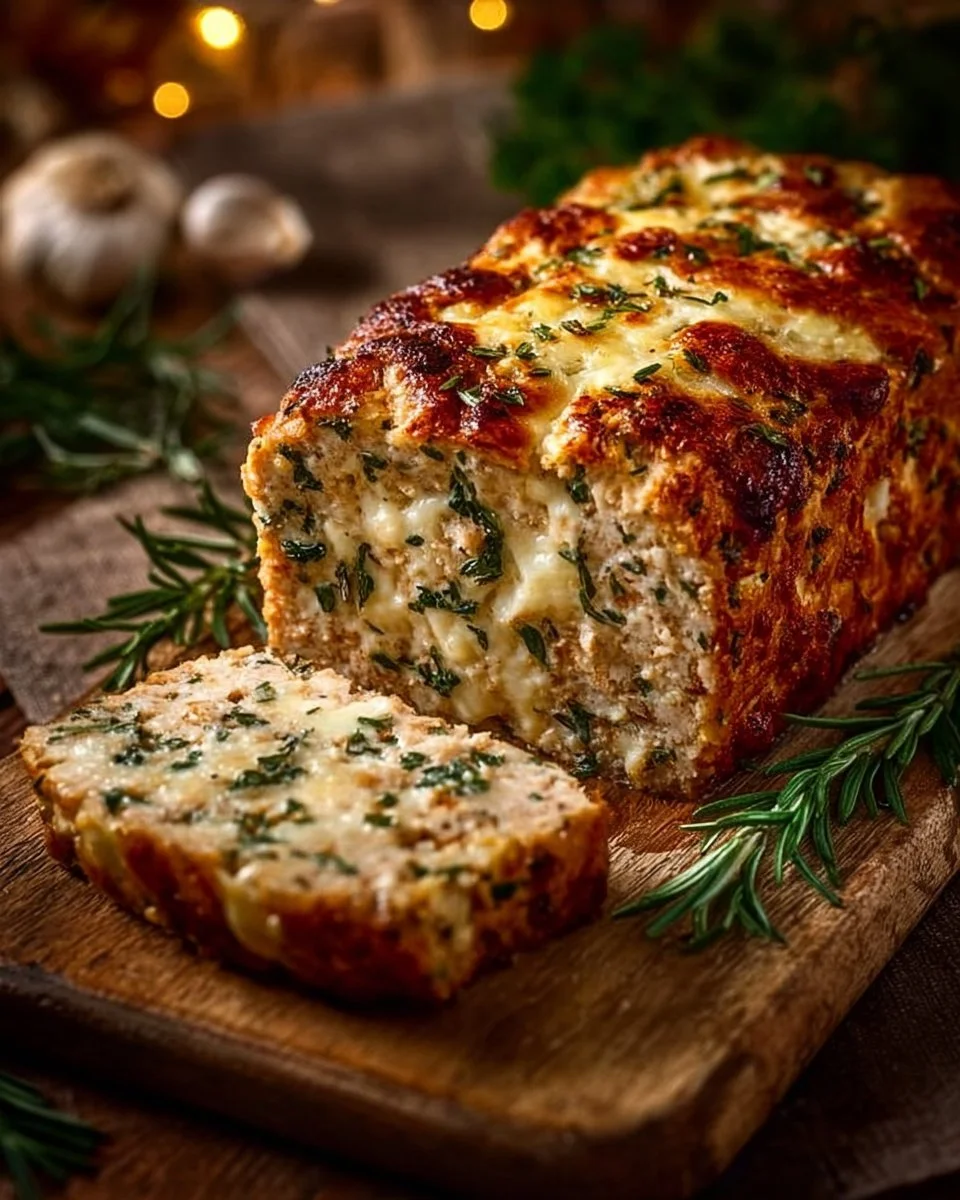 Köstlicher Knoblauch Parmesan Hähnchen Hackbraten auf einem Teller serviert