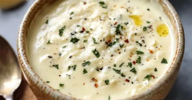 Knoblauch Parmesan Sauce in einer Schale mit frischen Kräutern