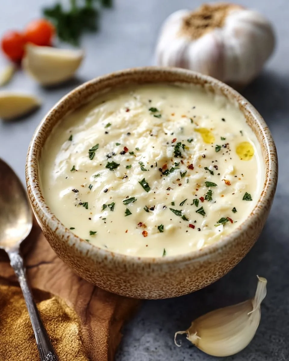 Knoblauch Parmesan Sauce in einer Schale mit frischen Kräutern