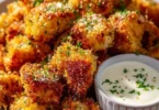 Knusprige Airfryer-Knoblauch-Parmesan-Hähnchenbites auf einem Teller
