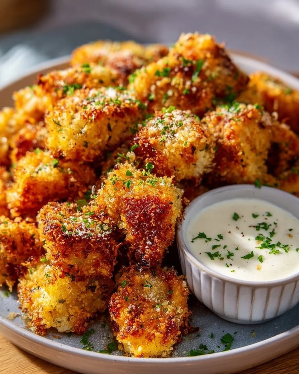 Knusprige Airfryer-Knoblauch-Parmesan-Hähnchenbites auf einem Teller