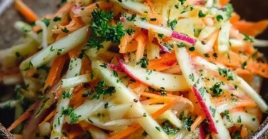 Kohlrabi Karotten Apfel Salat in einer bunten Schüssel