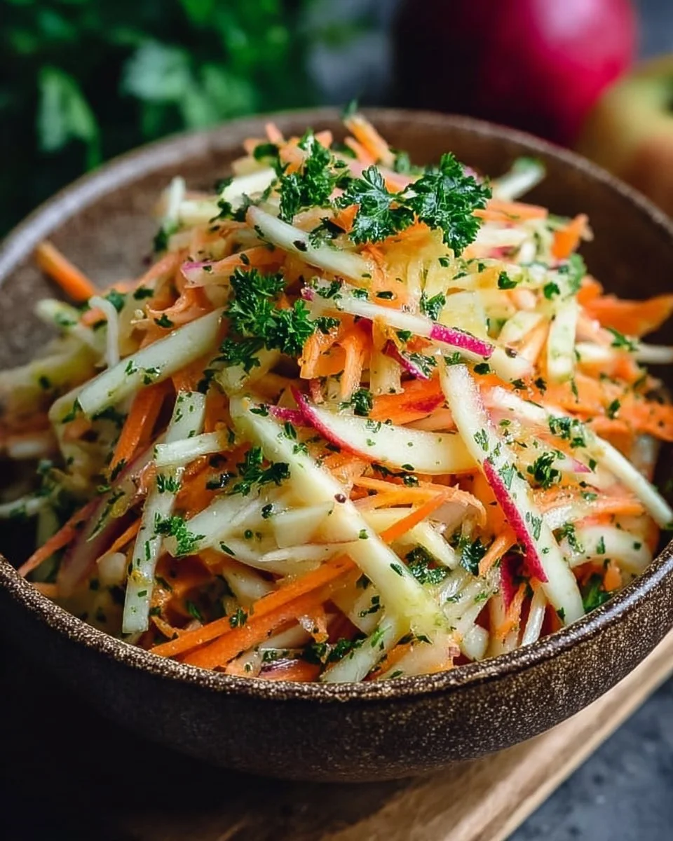 Kohlrabi Karotten Apfel Salat in einer bunten Schüssel