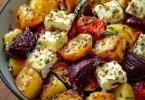 Köstliche Feta Kartoffeln als Ofengemüse auf einem Blech aus dem Ofen
