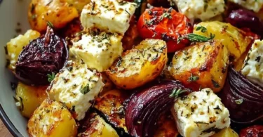 Köstliche Feta Kartoffeln als Ofengemüse auf einem Blech aus dem Ofen