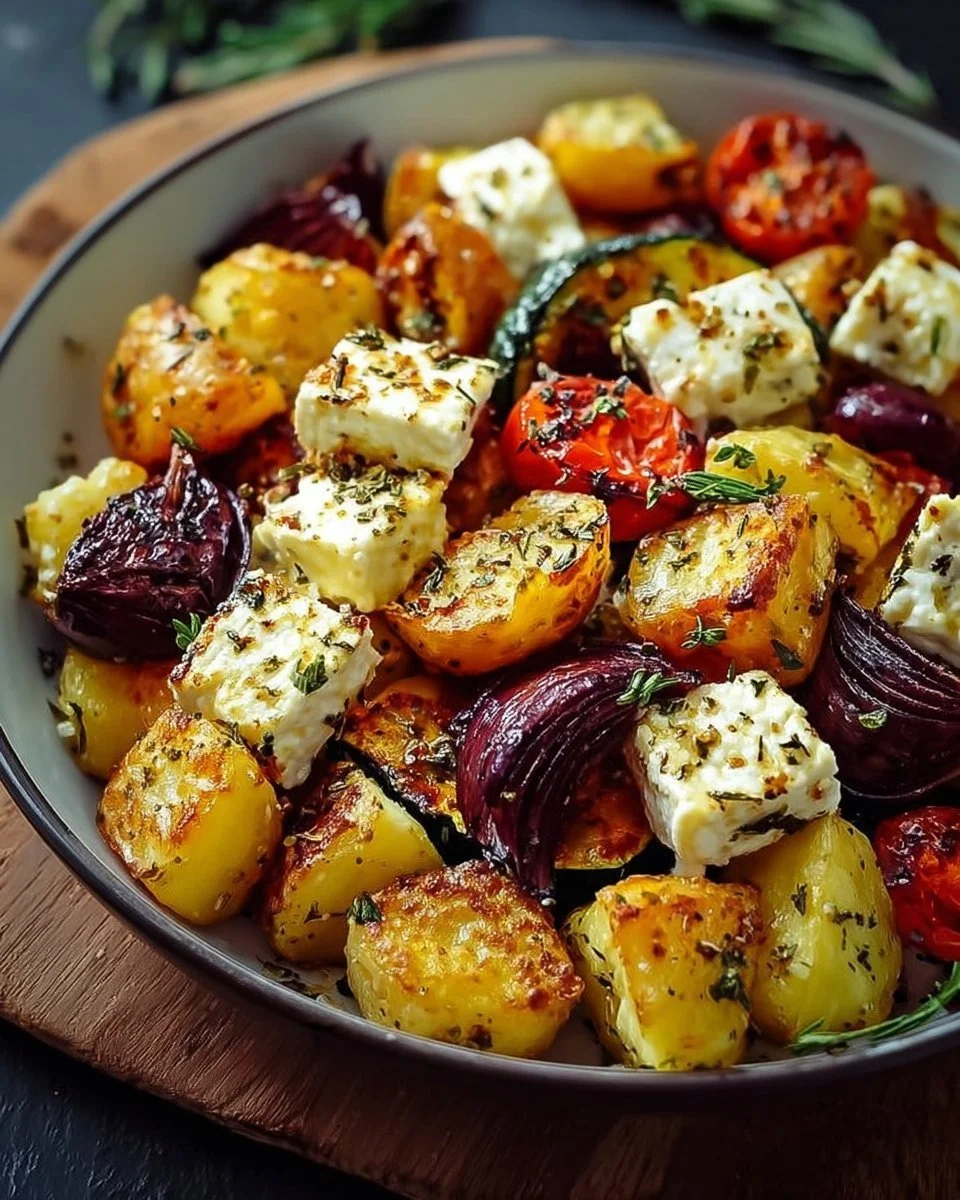 Köstliche Feta Kartoffeln als Ofengemüse auf einem Blech aus dem Ofen