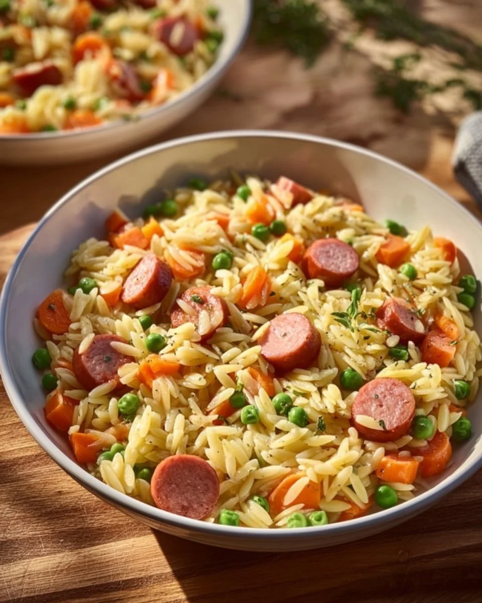 Kritharaki mit Würstchen und Gemüse