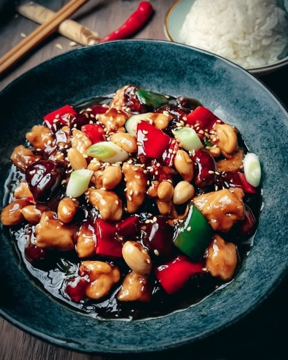 Schüssel mit köstlichem Kung-Pao-Hühnchen, serviert mit Erdnüssen und Gemüse