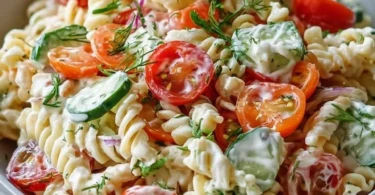 Leichter Nudelsalat mit Joghurt-Dressing auf einem Teller serviert