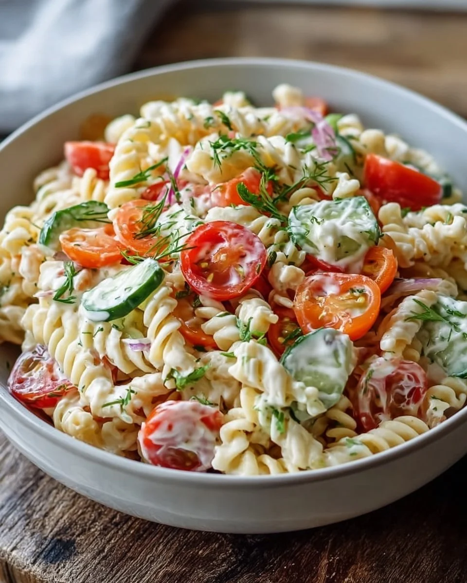 Leichter Nudelsalat mit Joghurt-Dressing auf einem Teller serviert