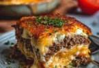 Low Carb Cheeseburger Auflauf mit Käse und Rinderhackfleisch