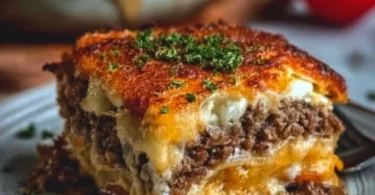 Low Carb Cheeseburger Auflauf mit Käse und Rinderhackfleisch