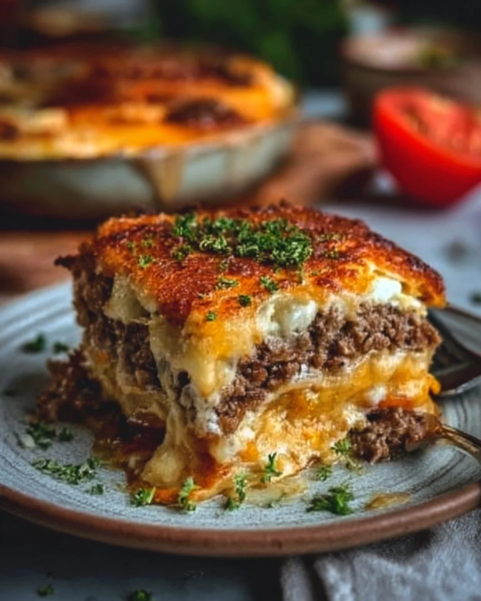 Low Carb Cheeseburger Auflauf mit Käse und Rinderhackfleisch