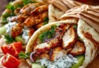 Mediterrane Chicken Gyros mit Feta Tzatziki auf einem Teller serviert