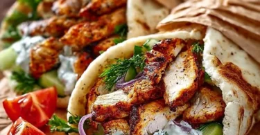Mediterrane Chicken Gyros mit Feta Tzatziki auf einem Teller serviert