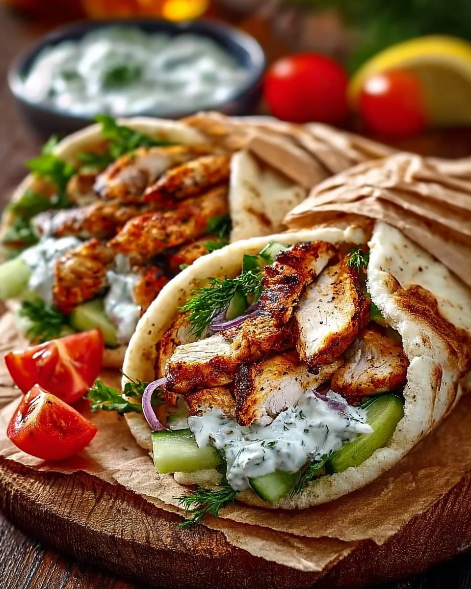Mediterrane Chicken Gyros mit Feta Tzatziki auf einem Teller serviert