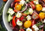 Leckerer mediterraner Salat perfekt für Grillabende mit Gemüse und Feta-Käse.