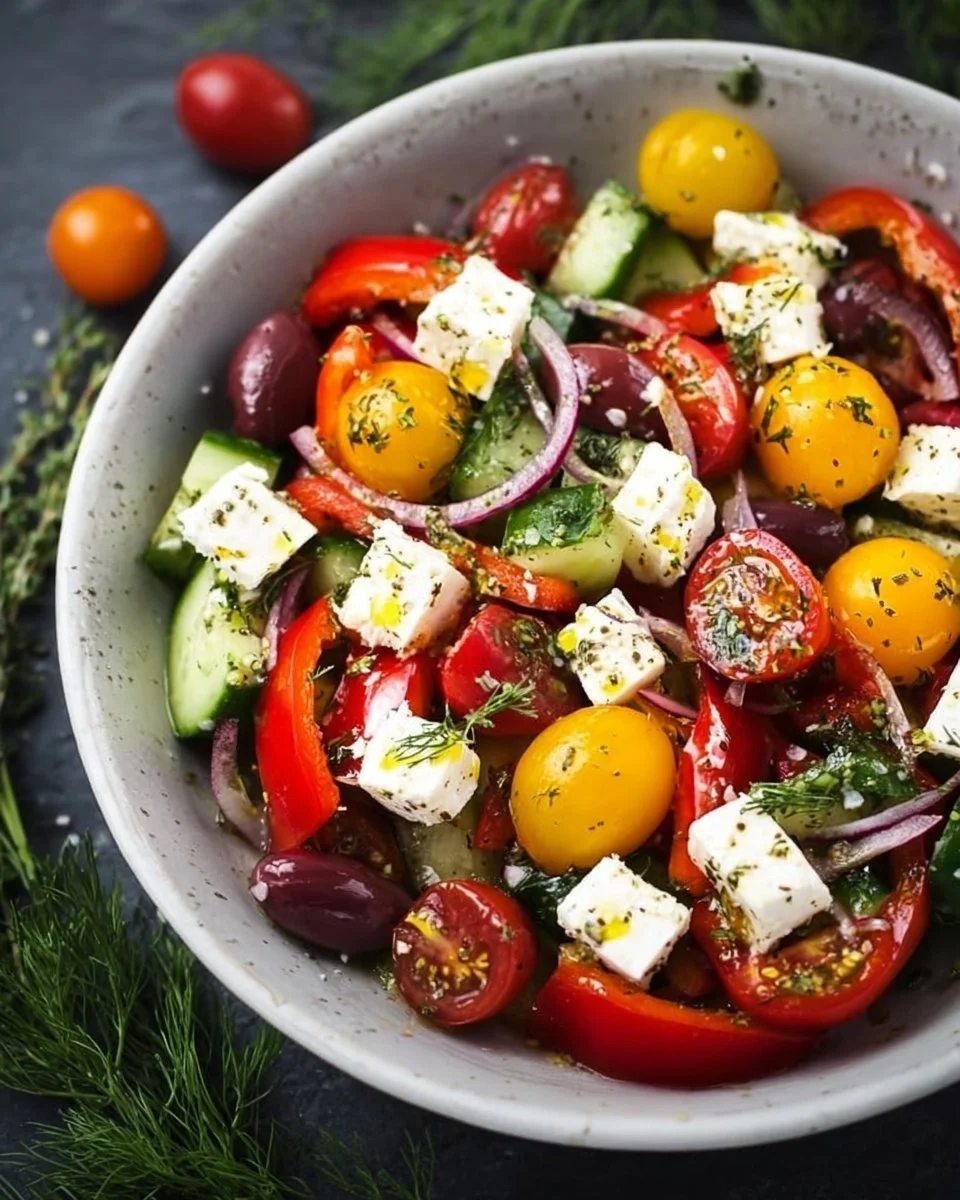 Leckerer mediterraner Salat perfekt für Grillabende mit Gemüse und Feta-Käse.
