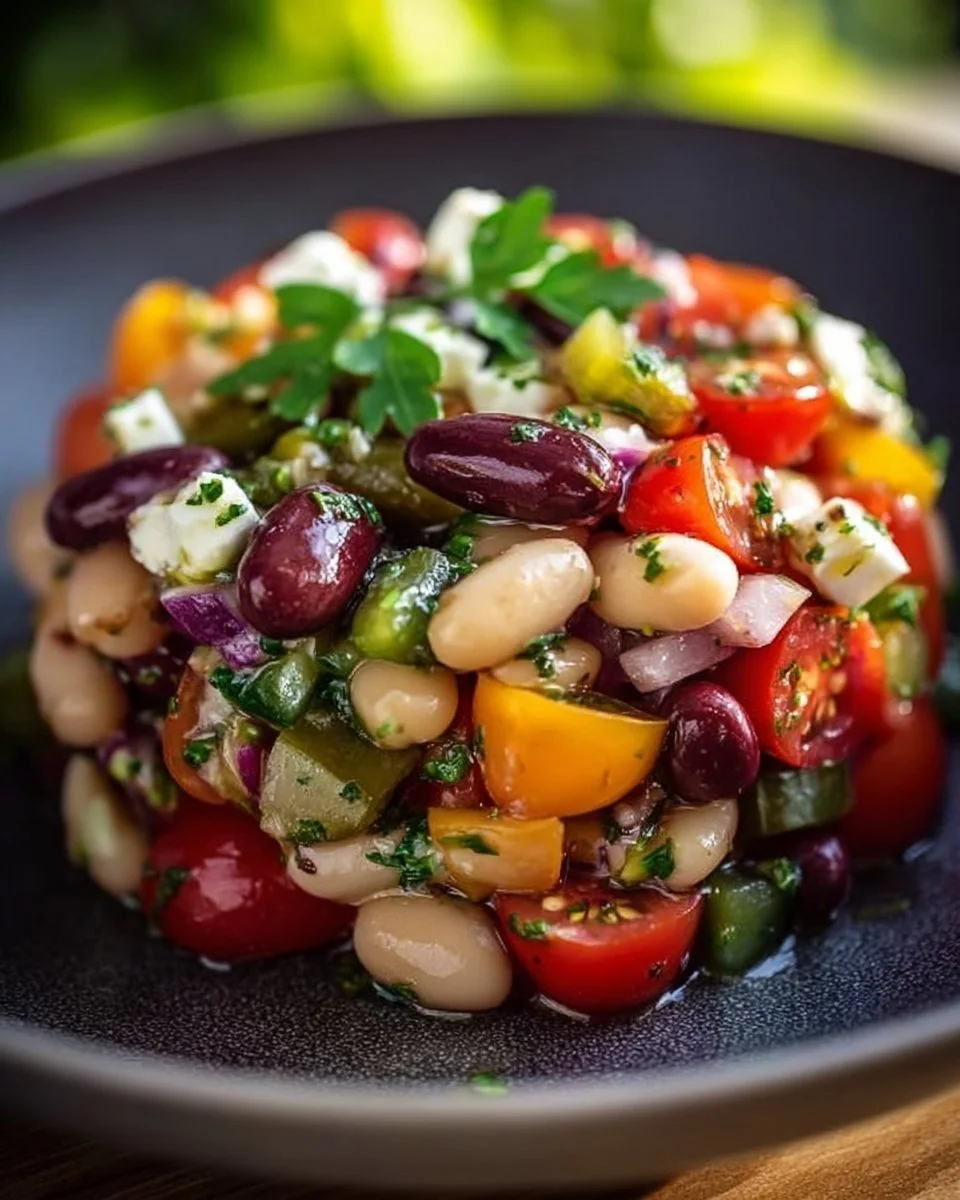 Mediterraner Bohnensalat mit frischen Zutaten und Kräutern