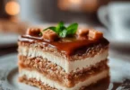 Leckerer Milchmädchen-Kuchen auf einem Teller, mit frischen Früchten garniert.