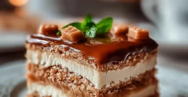 Leckerer Milchmädchen-Kuchen auf einem Teller, mit frischen Früchten garniert.