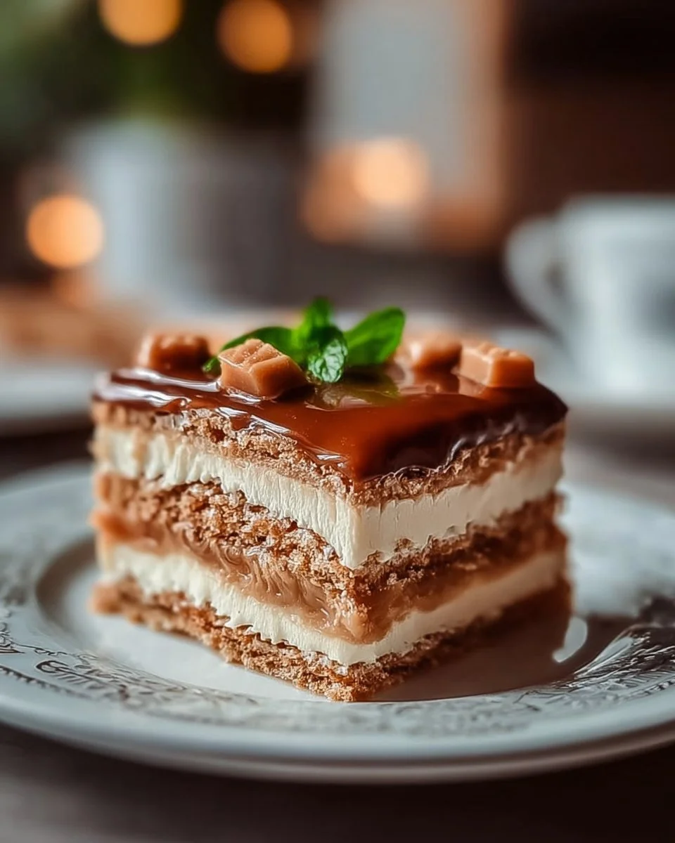 Leckerer Milchmädchen-Kuchen auf einem Teller, mit frischen Früchten garniert.