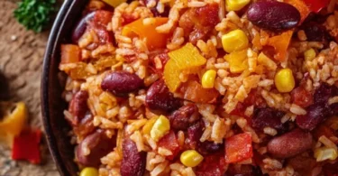 One-Pan Rice mit Paprika, Bohnen und Mais auf einem Holzbrett serviert.