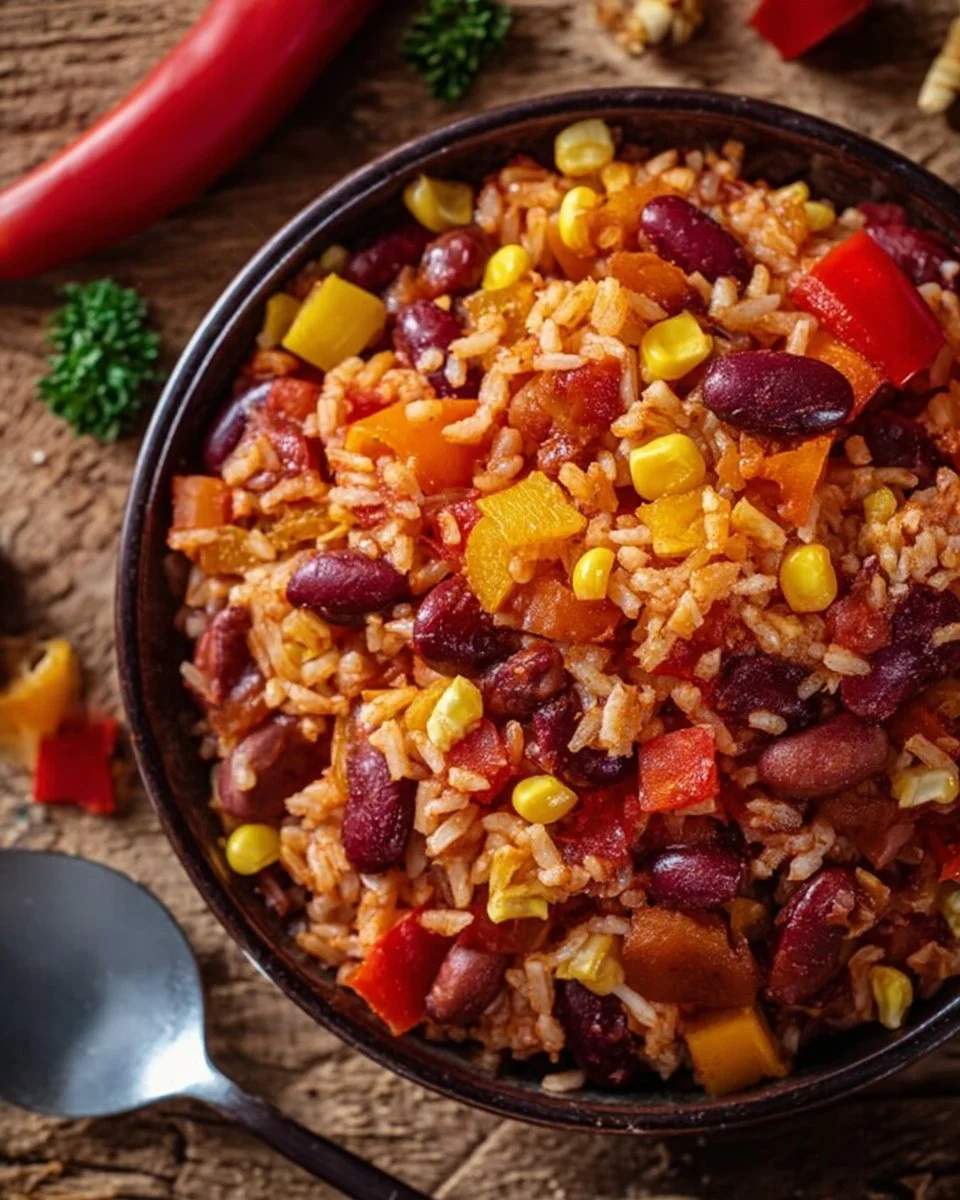One-Pan Rice mit Paprika, Bohnen und Mais auf einem Holzbrett serviert.