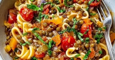 One-Pot-Pasta mit Linsen, gesundes Rezept in einem Topf zubereitet